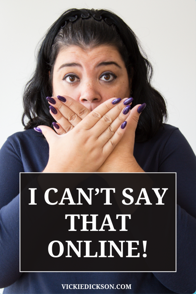 Young woman with purple nails holding her hands over her mouth with text "I can't say that online" 