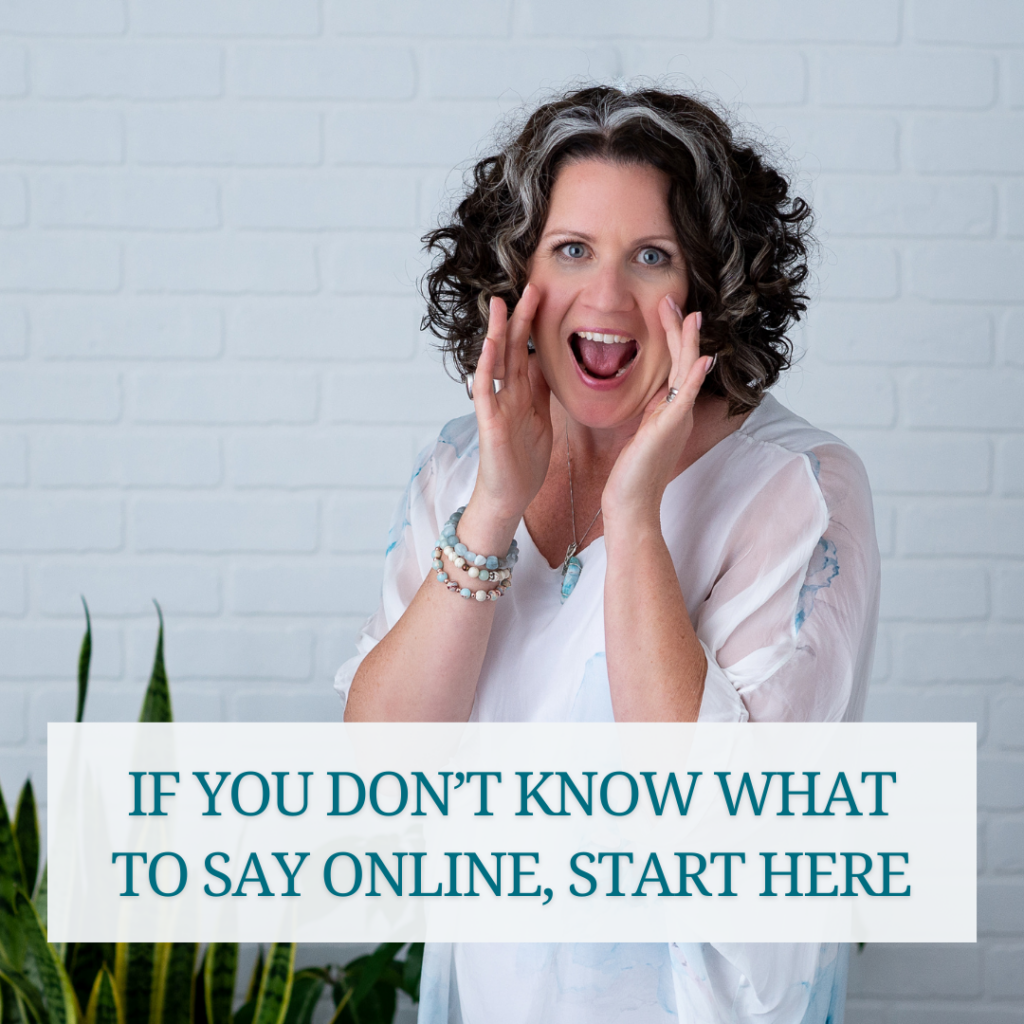 I don't know what to say online. How to use your Human Design Profile in Business to create content that brings you paying clients. Photo of Vickie Dickson shouting happily.